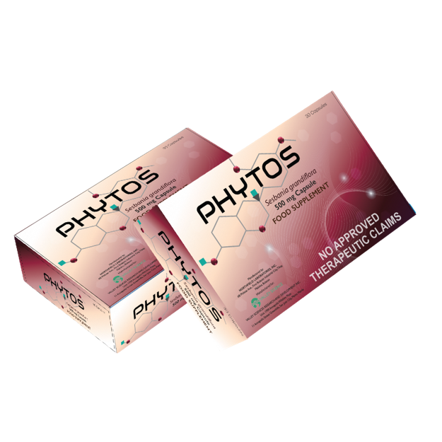 Two PHYTOS Sesbania grandiflora 500 mg capsule food supplement boxes; packaging states no approved therapeutic claims